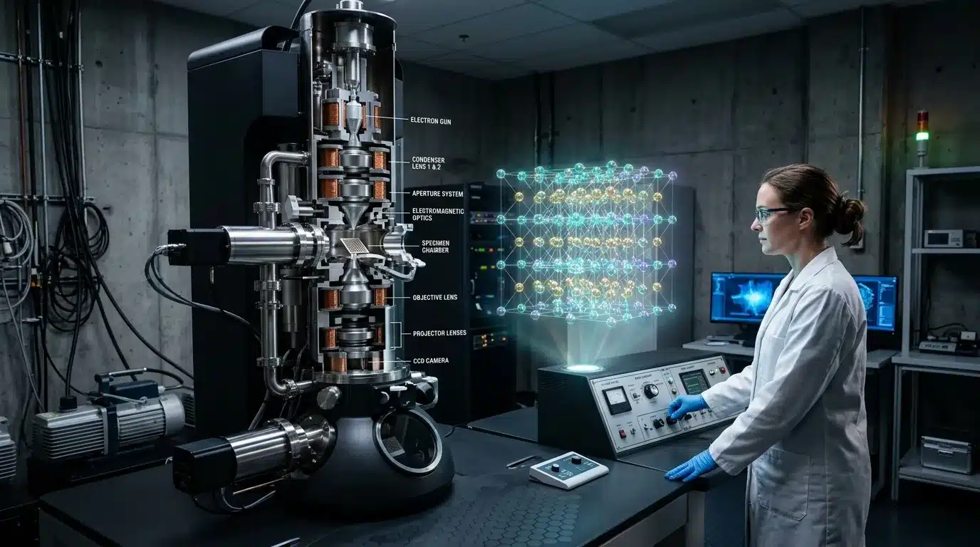 Scientifique opérant microscope électronique haute technologie avec visualisation holographique