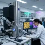 Scientifique utilisant microscope électronique dans laboratoire moderne
