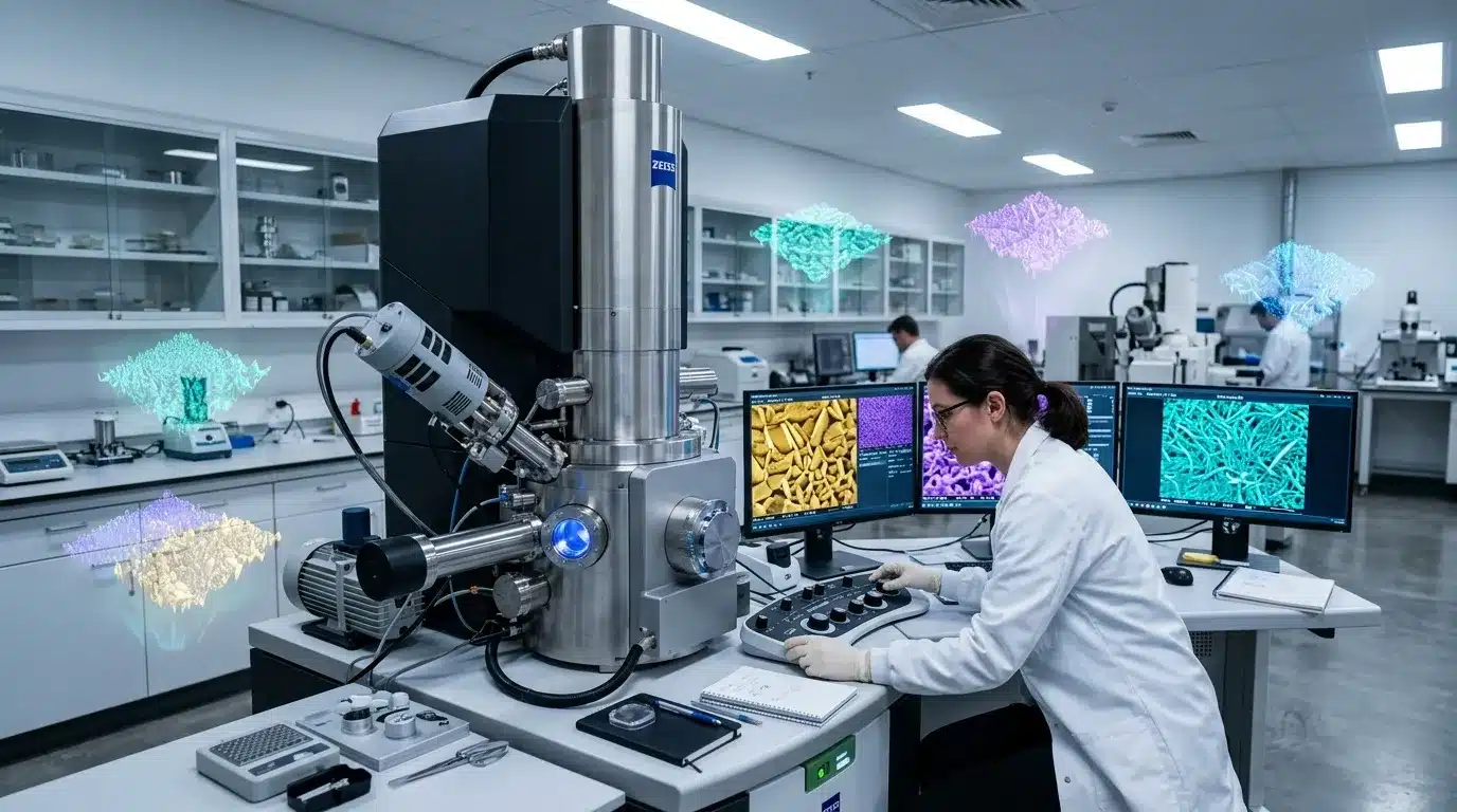 Scientifique utilisant microscope électronique dans laboratoire moderne