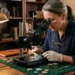Femme observe des pièces de monnaie au microscope