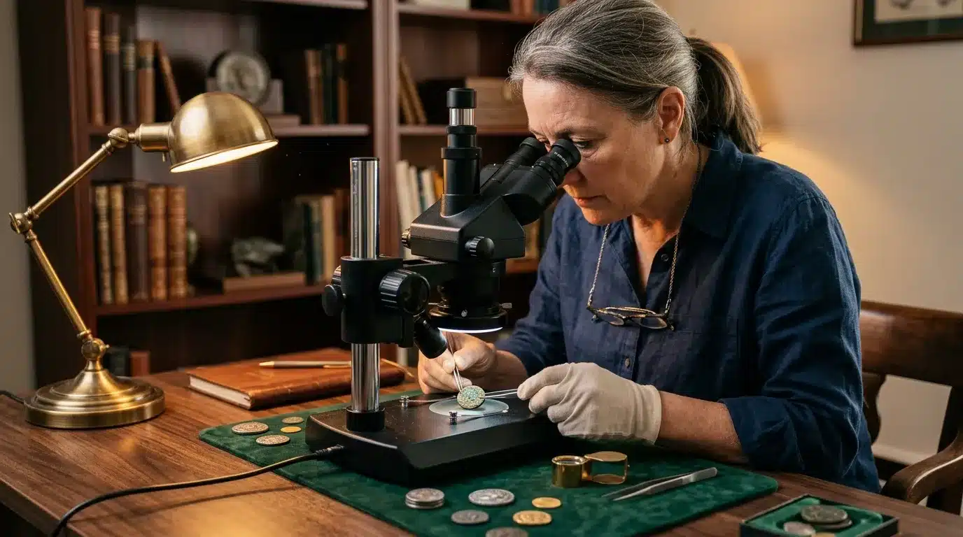 Femme observe des pièces de monnaie au microscope