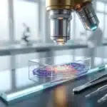Microscope observant un échantillon biologique coloré en laboratoire