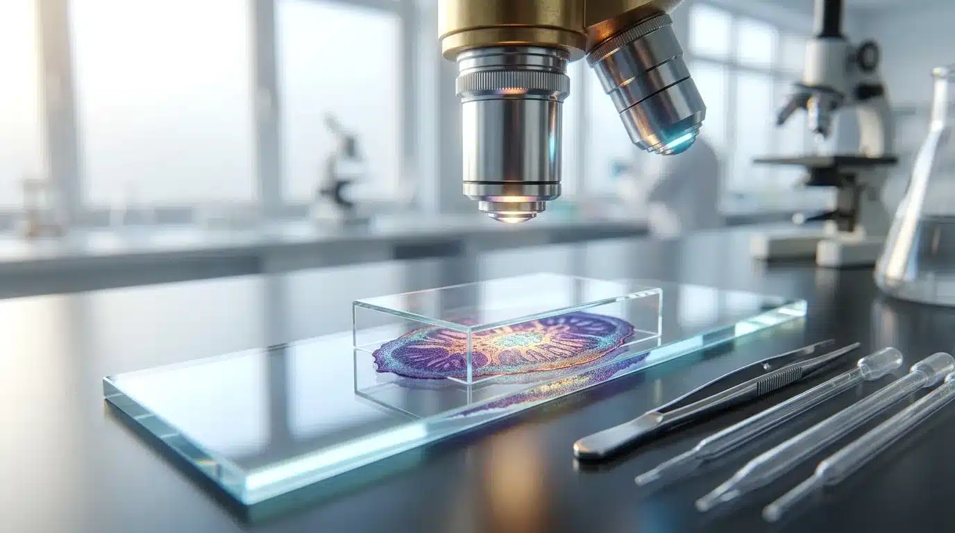 Microscope observant un échantillon biologique coloré en laboratoire