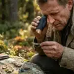 Homme examine la nature avec loupe et binoculaires en forêt