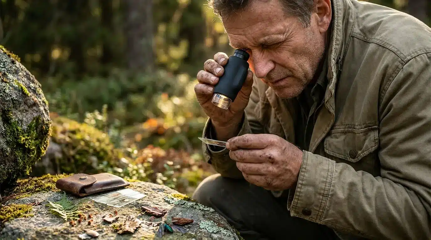 Homme examine la nature avec loupe et binoculaires en forêt