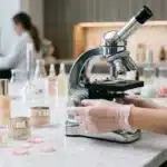 Scientifique avec microscope analysant produits cosmétiques luxe