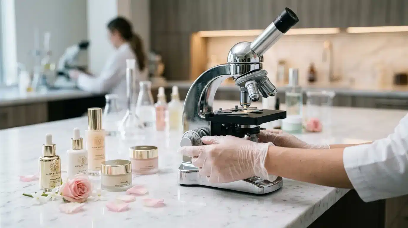Scientifique avec microscope analysant produits cosmétiques luxe