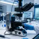 Scientifique utilisant microscope dans laboratoire équipé