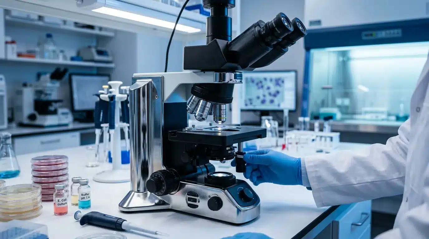 Scientifique utilisant microscope dans laboratoire équipé