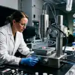 Chercheure manipulant équipement ultrasonique en laboratoire