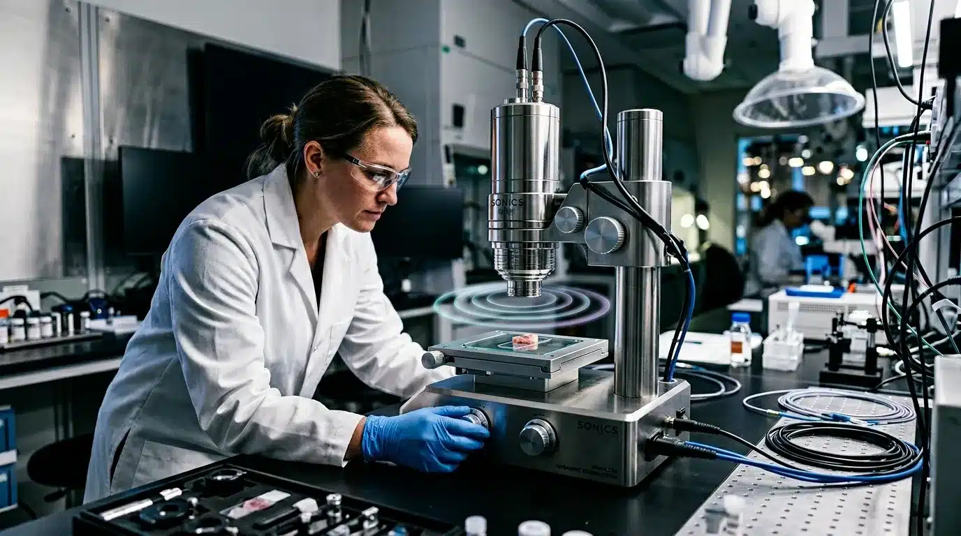 Chercheure manipulant équipement ultrasonique en laboratoire