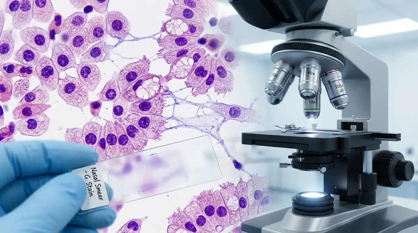 Microscopie de cellules colorées en violet sur lame