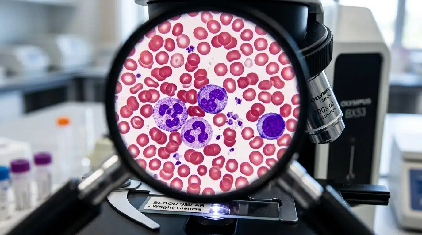 Microscope affichant globules rouges et cellules blanches colorées