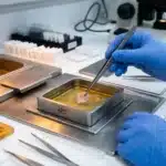 Chercheur examine des échantillons tissulaires en laboratoire avec équipement