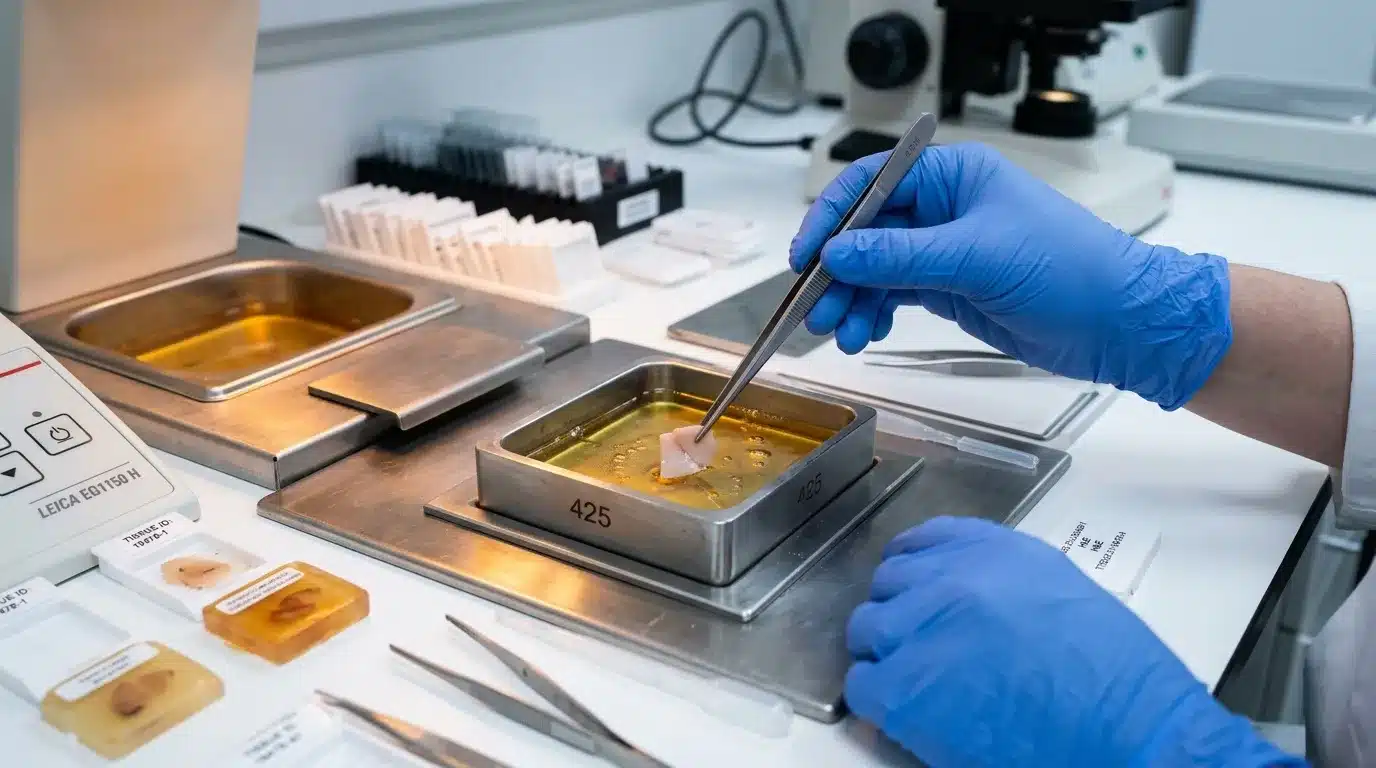 Chercheur examine des échantillons tissulaires en laboratoire avec équipement