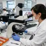 Scientifique en blouse blanche observant un échantillon au microscope dans un laboratoire moderne