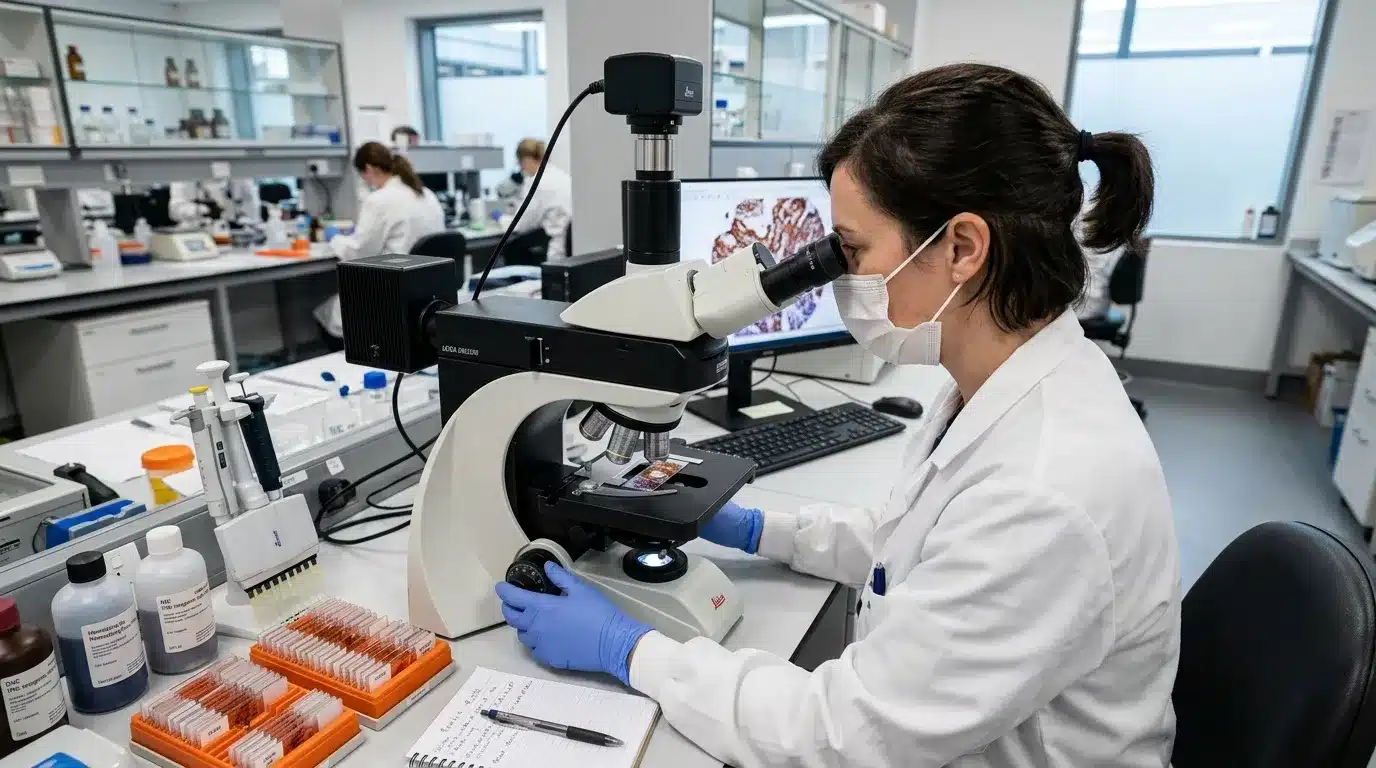 Scientifique en blouse blanche observant un échantillon au microscope dans un laboratoire moderne