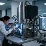 Scientifique en laboratoire utilisant microscope électronique avancé