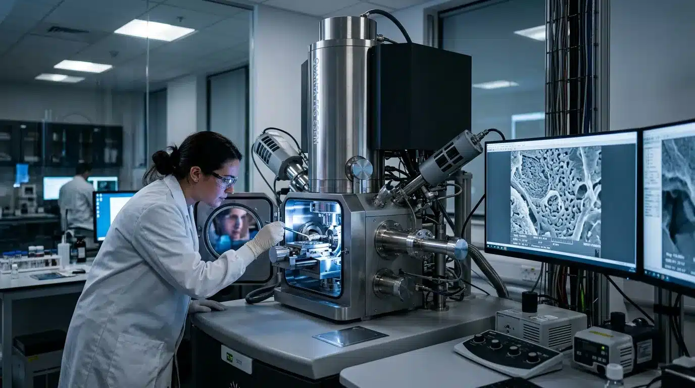 Scientifique en laboratoire utilisant microscope électronique avancé