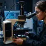 Scientifique examine specimen avec microscope optique en laboratoire