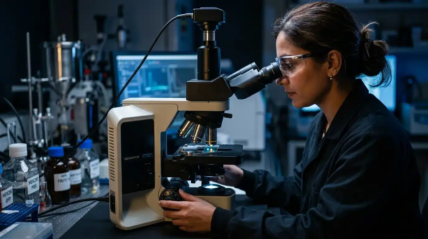 Scientifique examine specimen avec microscope optique en laboratoire
