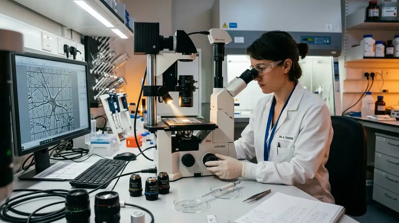 Scientifique utilisant un microscope dans un laboratoire moderne