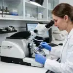 Femme scientifique utilisant microscope Leica dans laboratoire