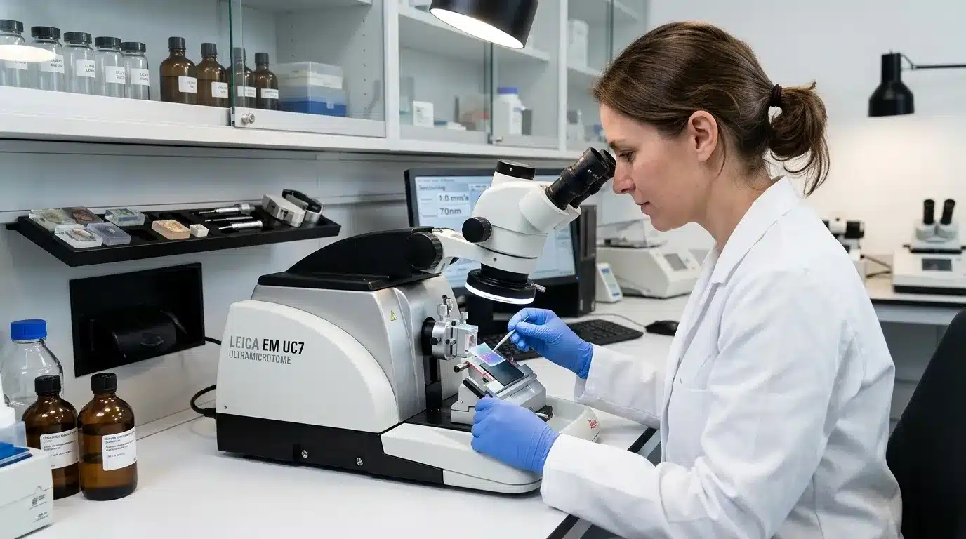 Femme scientifique utilisant microscope Leica dans laboratoire