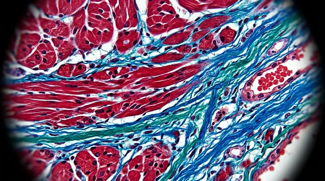 Microscope histologique montrant fibres musculaires et tissu conjonctif colorés