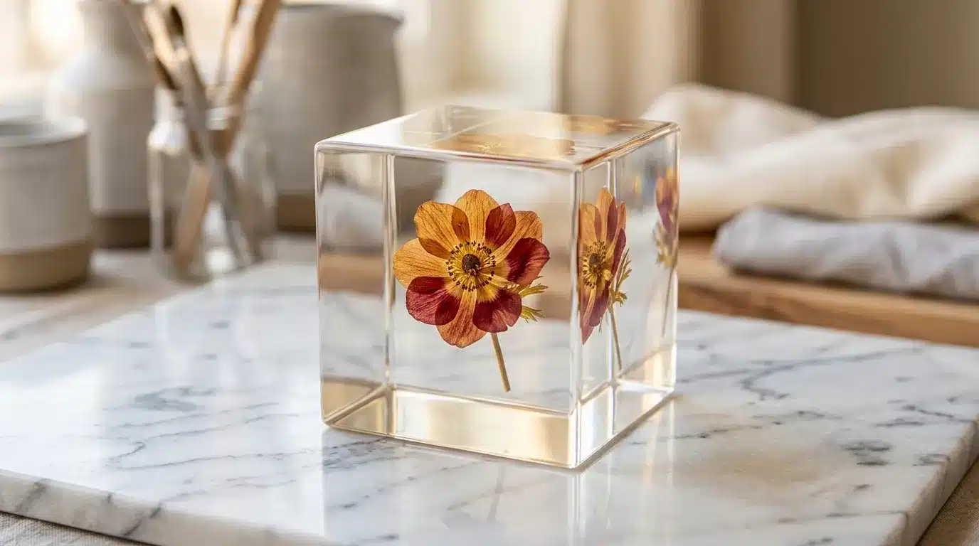 Fleur séchée orange et rouge encapsulée dans un cube de résine claire