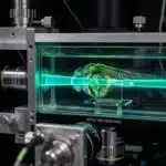 Caméléon illuminé sous lumière fluorescente verte en laboratoire