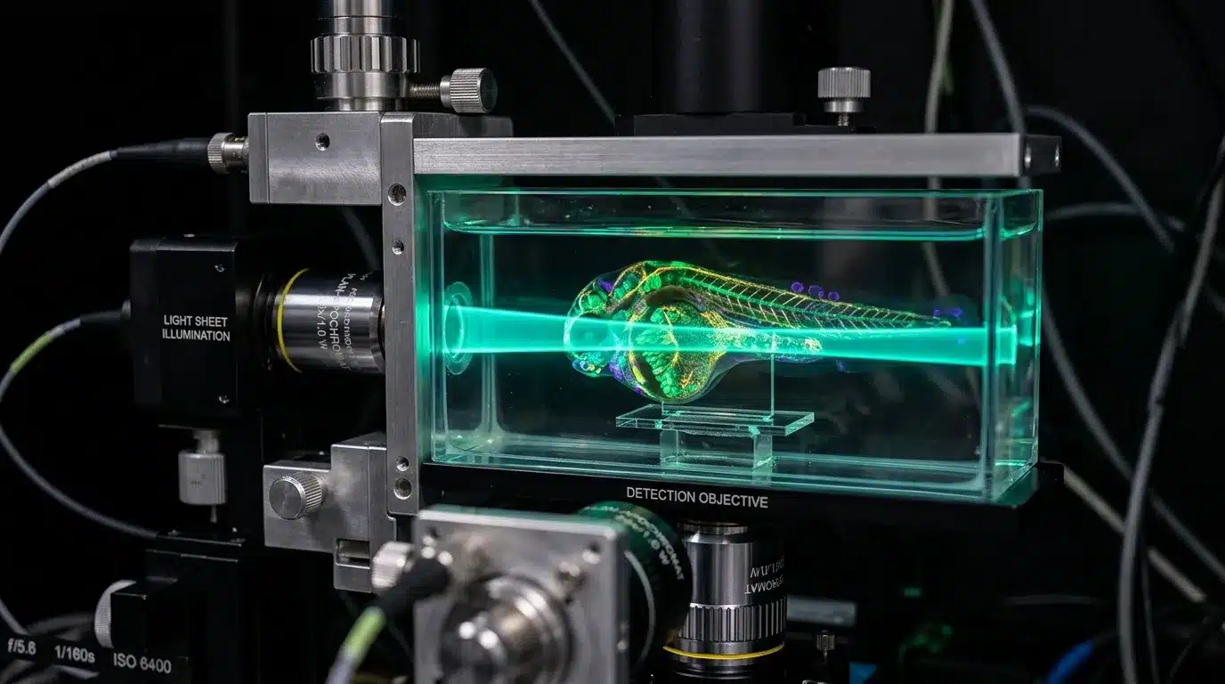 Caméléon illuminé sous lumière fluorescente verte en laboratoire