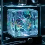 Imprimante 3D créant structure cristalline lumineuse colorée