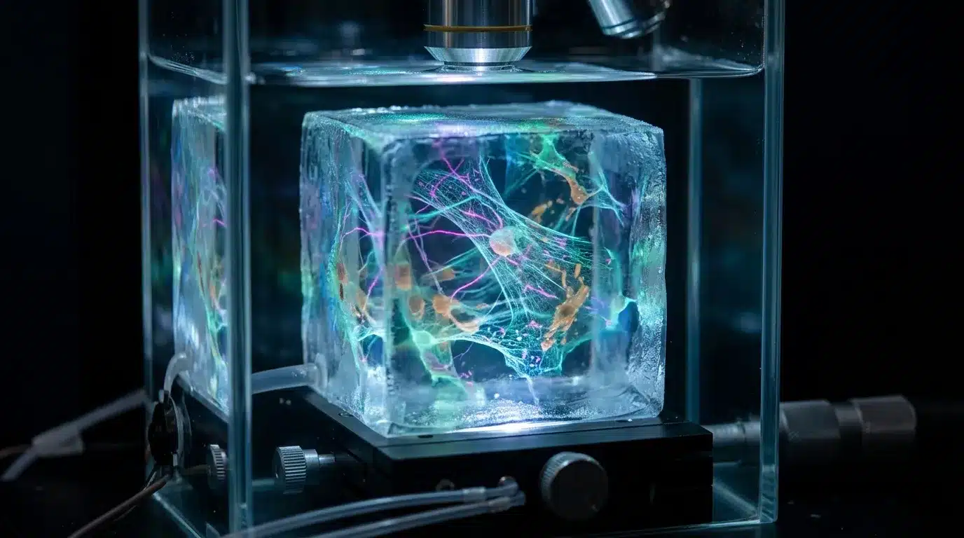Imprimante 3D créant structure cristalline lumineuse colorée