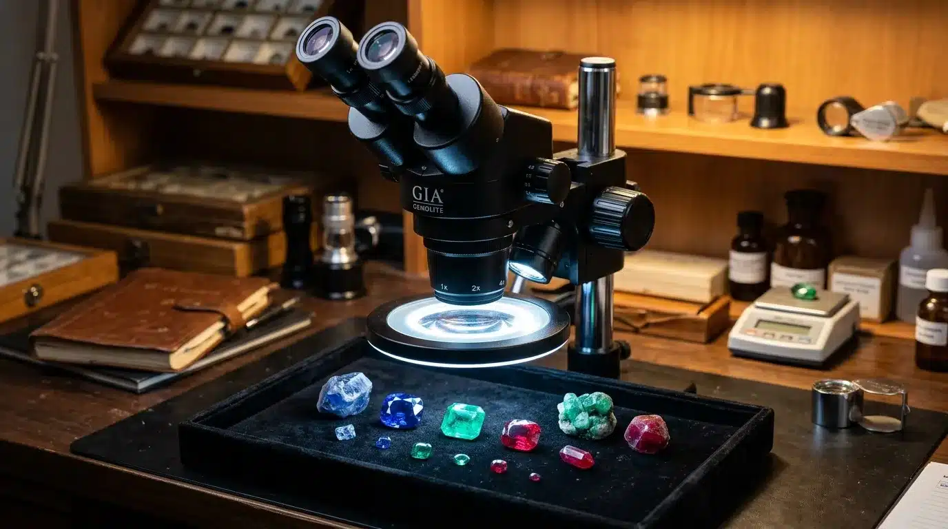 Microscope GIA avec gemmes colorées sous éclairage laboratoire