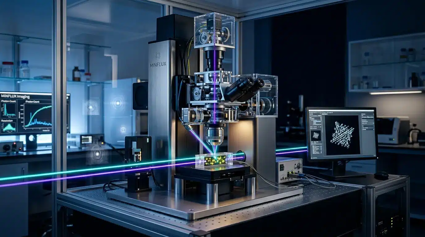 Microscope MINFLUX avec laser et équipement d'imagerie de recherche