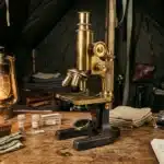 Microscope doré et équipements scientifiques vintage dans une tente