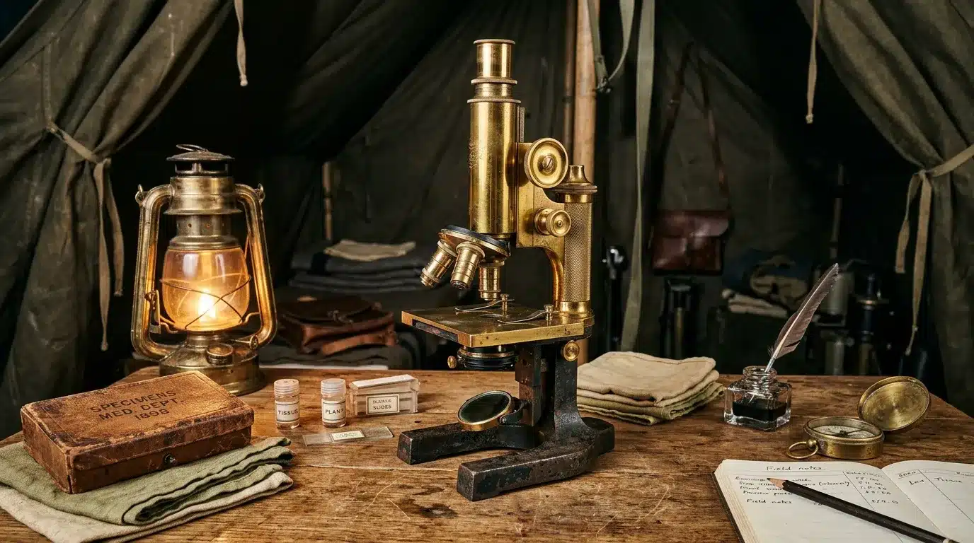 Microscope doré et équipements scientifiques vintage dans une tente