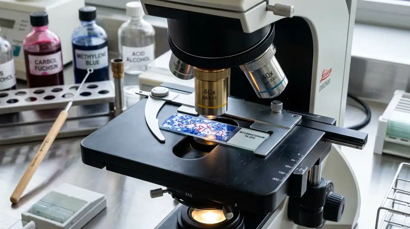 Microscope Leica 40x sur table de laboratoire avec colorants