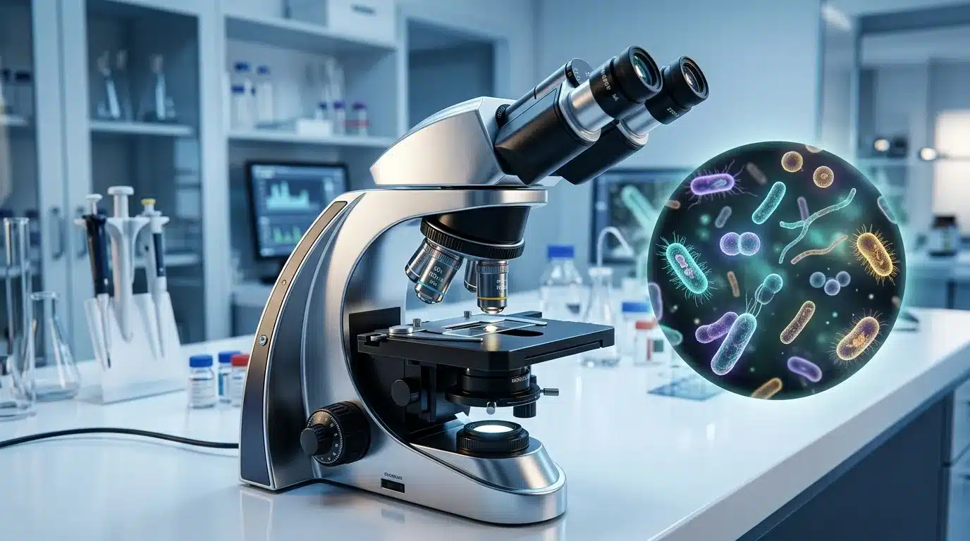 Microscope en laboratoire avec visualisation de microorganismes colorés