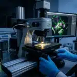 Chercheur manipule microscope TIRF avec imagerie fluorescente affichée