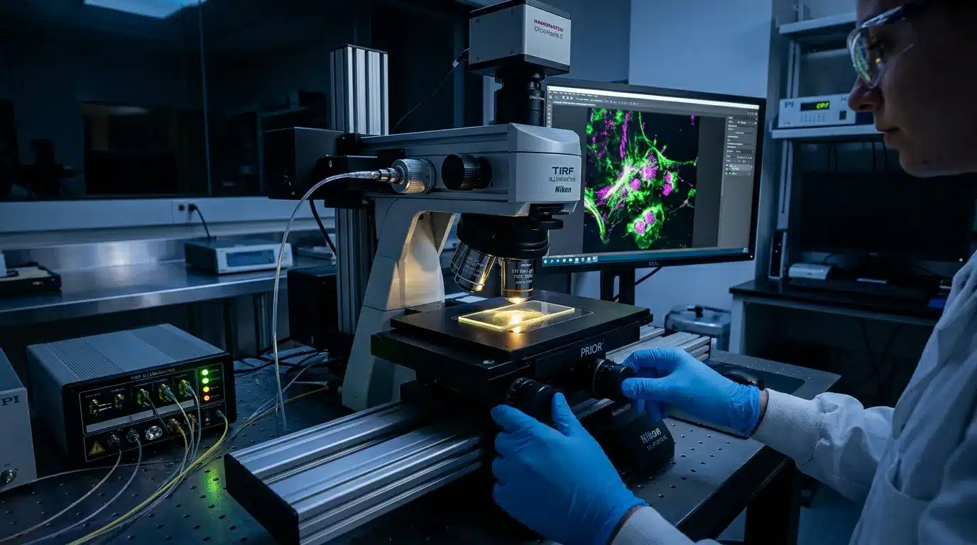 Chercheur manipule microscope TIRF avec imagerie fluorescente affichée