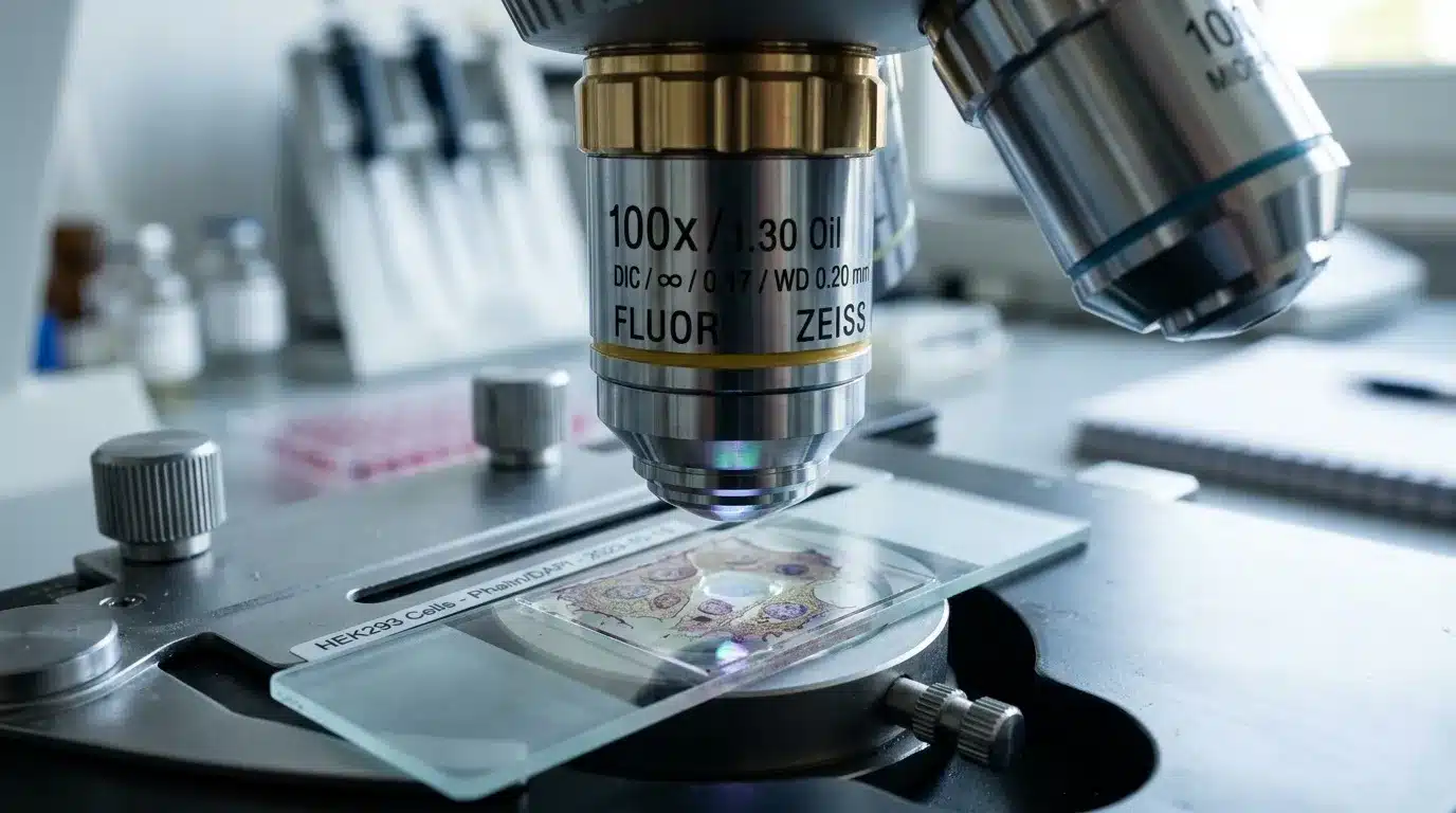 Objectif microscope ZEISS 100x observant une lame histologique