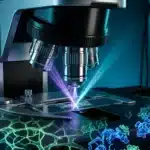 Microscope haute technologie analysant structures moléculaires colorées