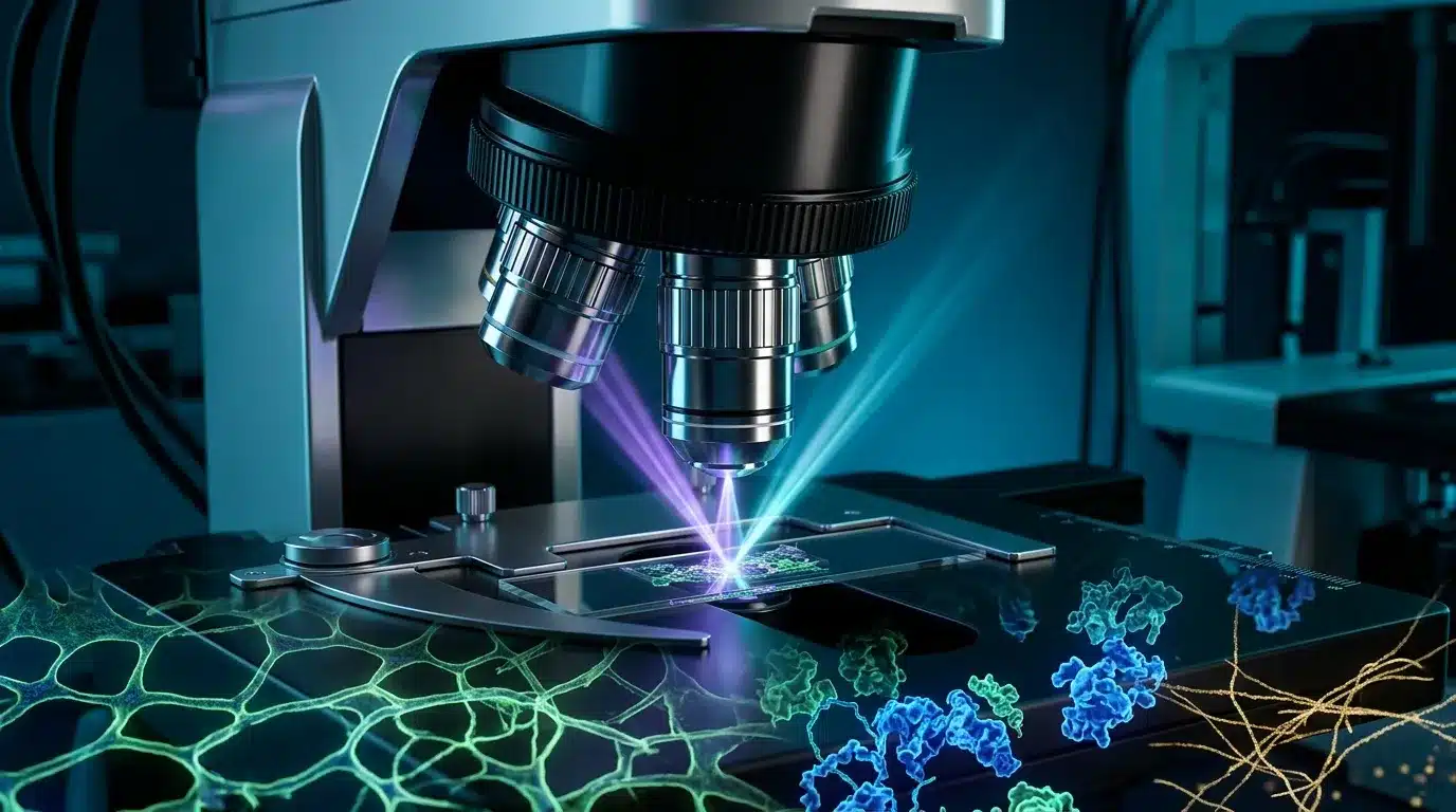 Microscope haute technologie analysant structures moléculaires colorées