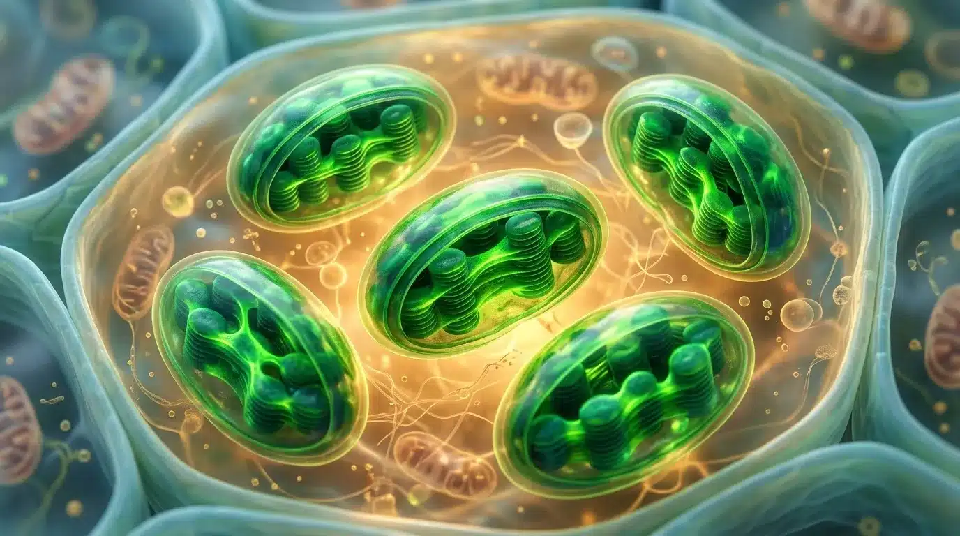 Cellule contenant mitochondries vertes brillantes avec structures internes
