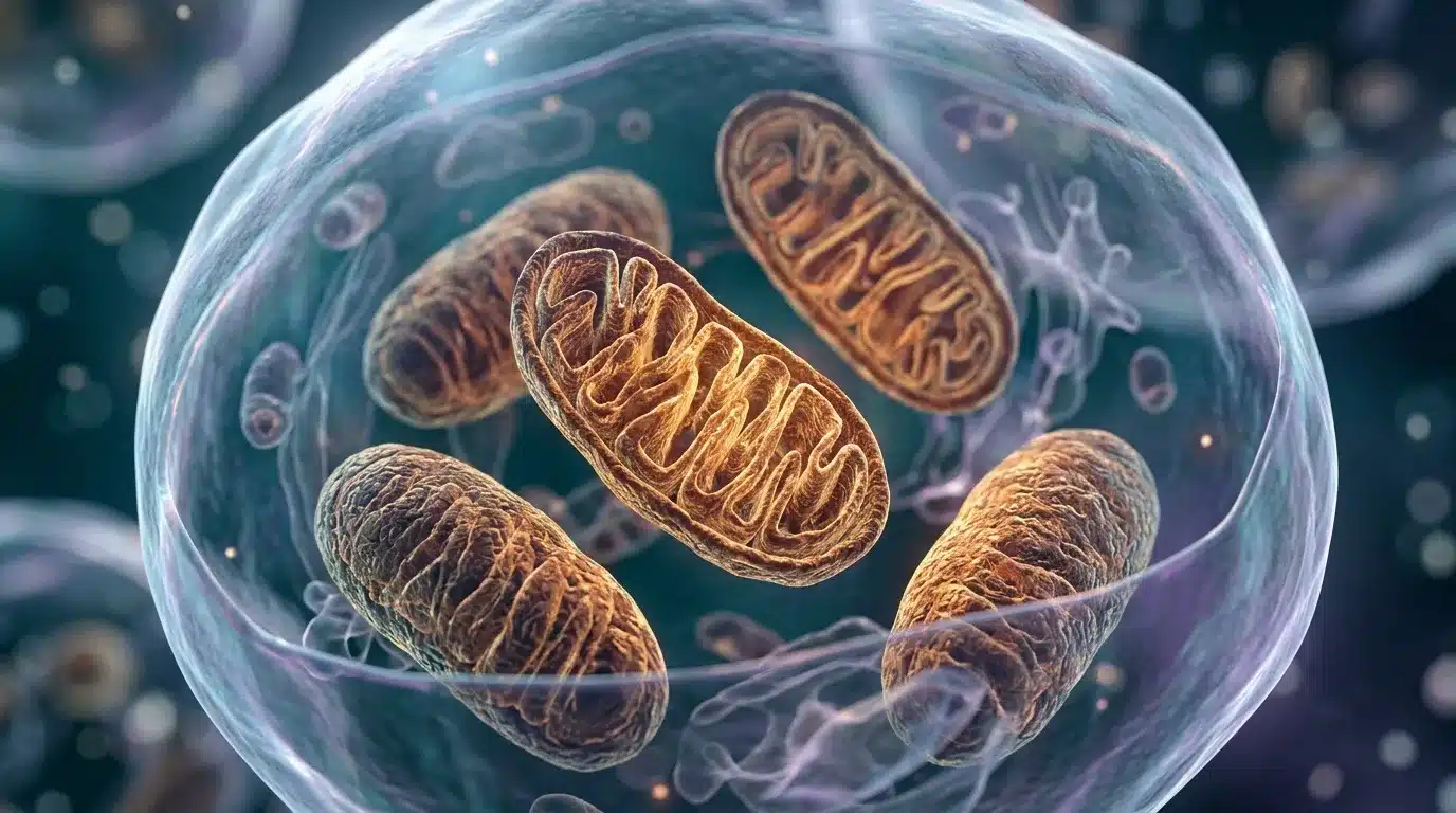 Illustration 3D de mitochondries dorées à l'intérieur d'une cellule