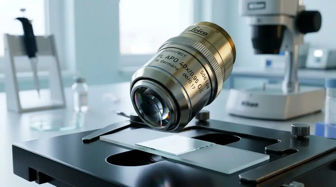 Objectif Zeiss APO 40x sur platine de microscope optique