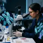 Scientifique examine des chromosomes au microscope en laboratoire