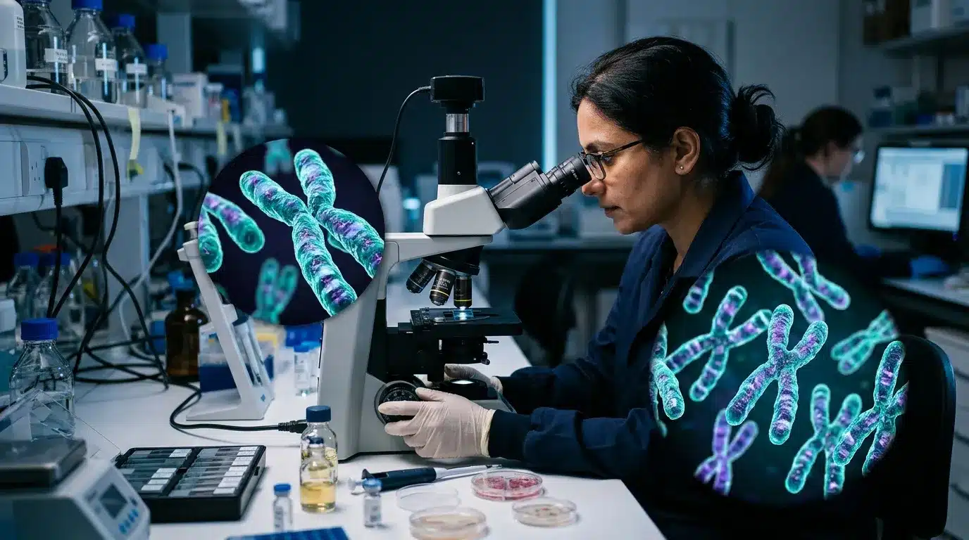 Scientifique examine des chromosomes au microscope en laboratoire